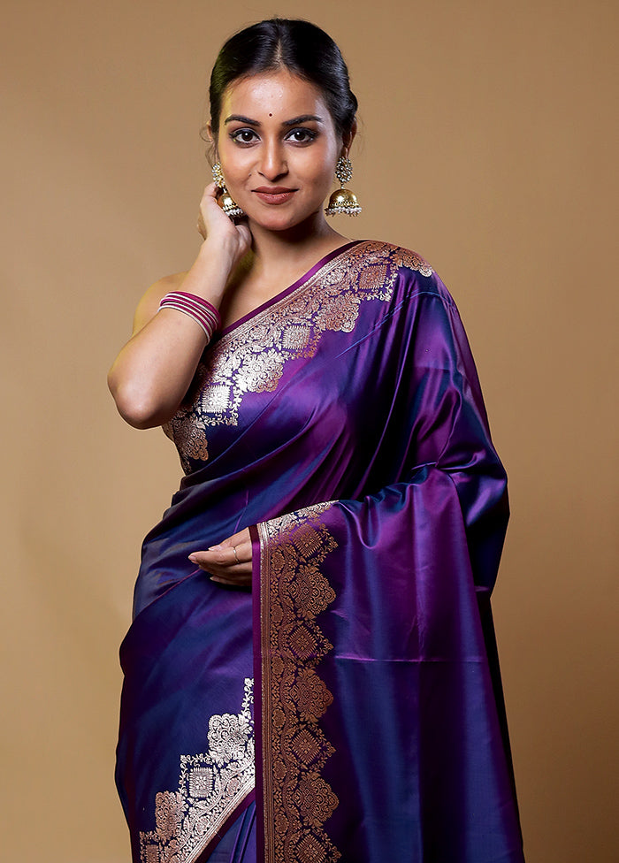 Purple Banarasi Silk Saree With Blouse Piece