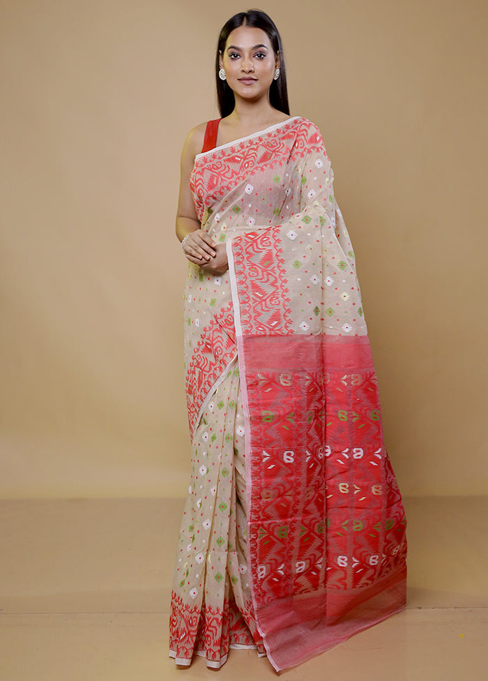 Cream Tant Jamdani Saree Without Blouse Piece