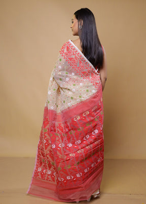 Cream Tant Jamdani Saree Without Blouse Piece