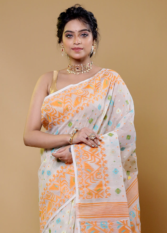 Cream Tant Jamdani Saree Without Blouse Piece