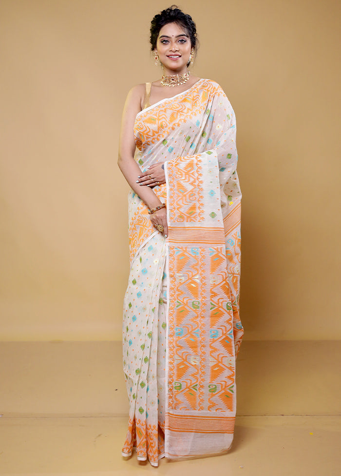 Cream Tant Jamdani Saree Without Blouse Piece