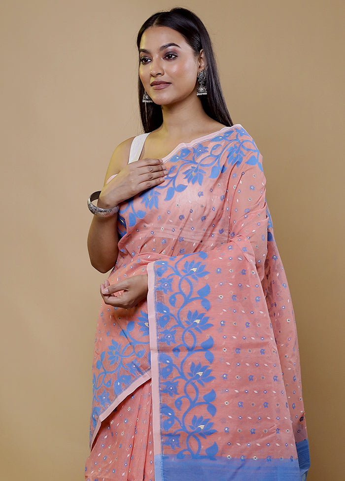 Blue Tant Jamdani Saree Without Blouse Piece