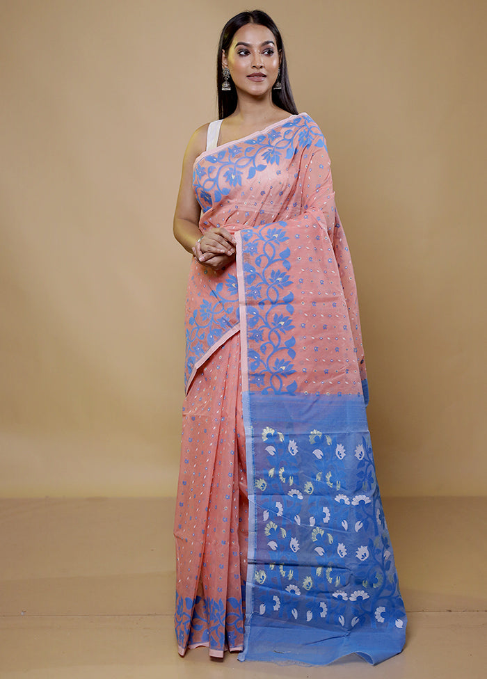 Blue Tant Jamdani Saree Without Blouse Piece