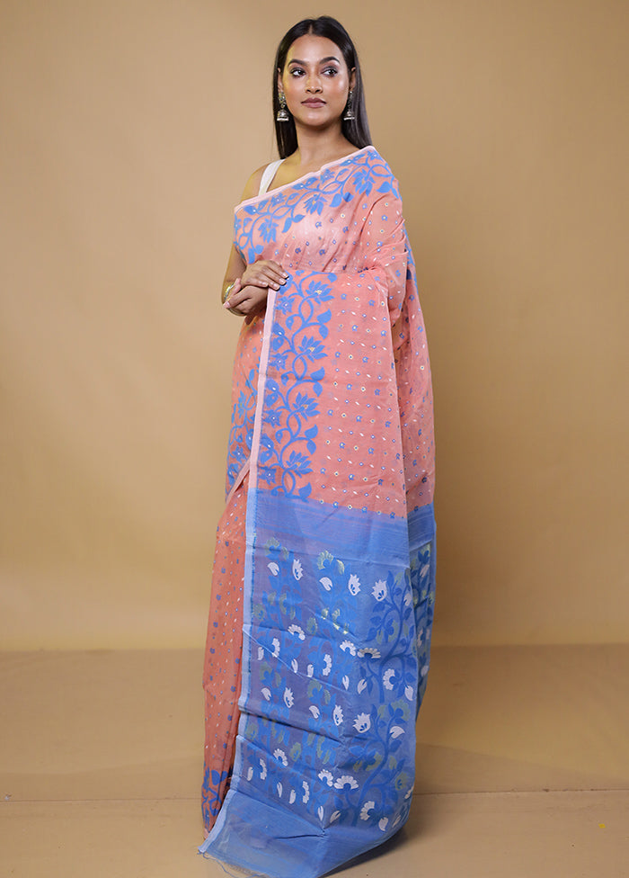 Blue Tant Jamdani Saree Without Blouse Piece