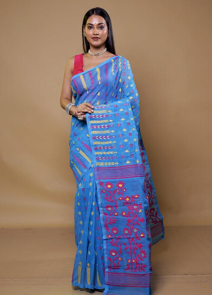 Blue Tant Jamdani Saree Without Blouse Piece