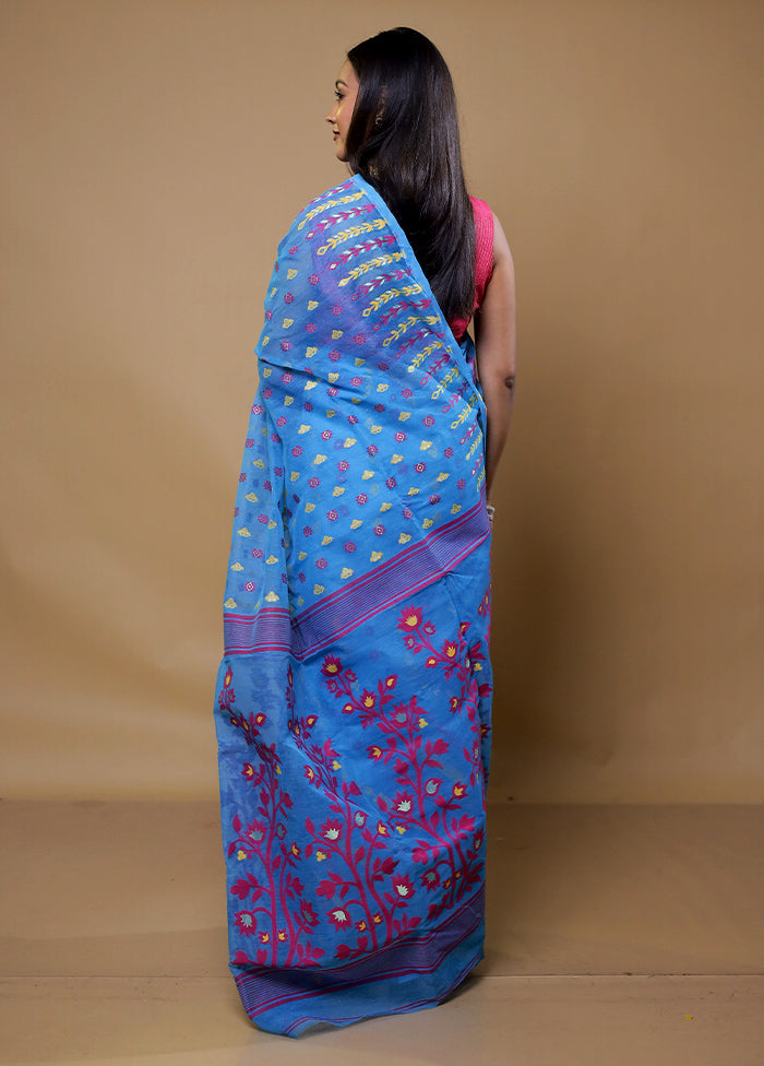 Blue Tant Jamdani Saree Without Blouse Piece