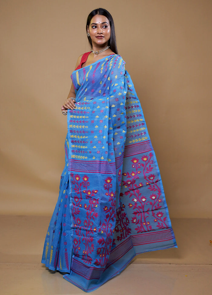 Blue Tant Jamdani Saree Without Blouse Piece