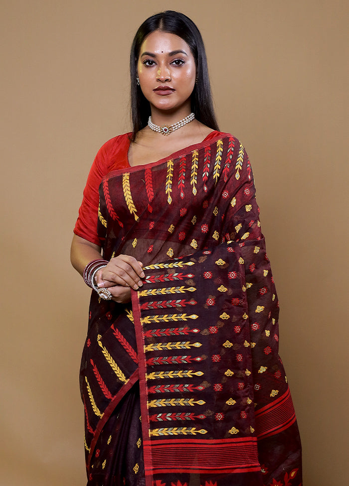 Maroon Tant Jamdani Saree Without Blouse Piece