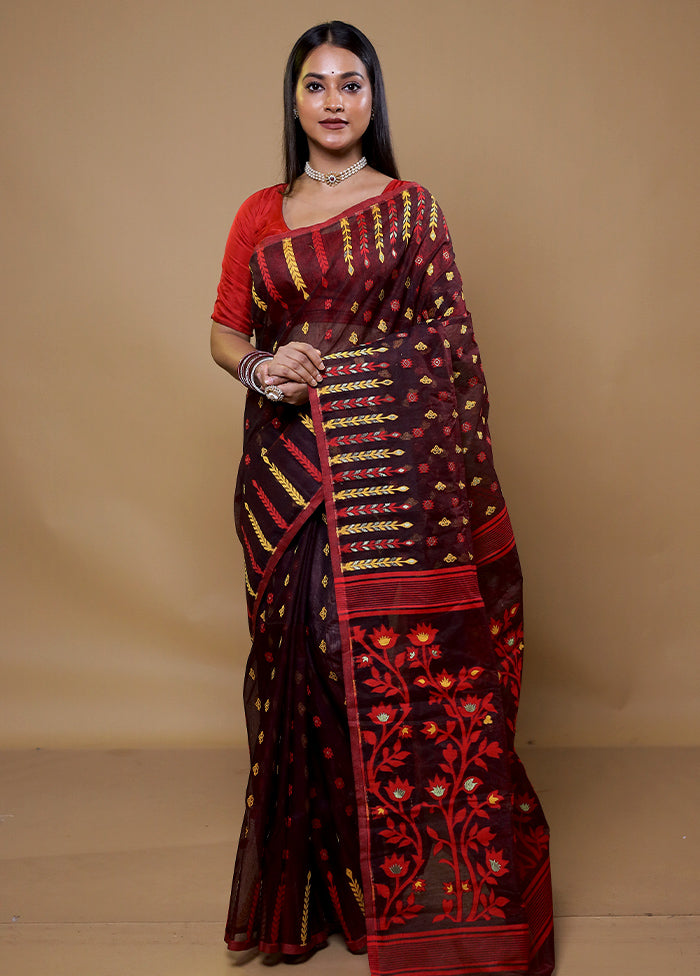 Maroon Tant Jamdani Saree Without Blouse Piece