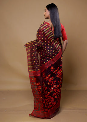 Maroon Tant Jamdani Saree Without Blouse Piece