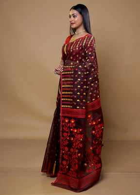 Maroon Tant Jamdani Saree Without Blouse Piece