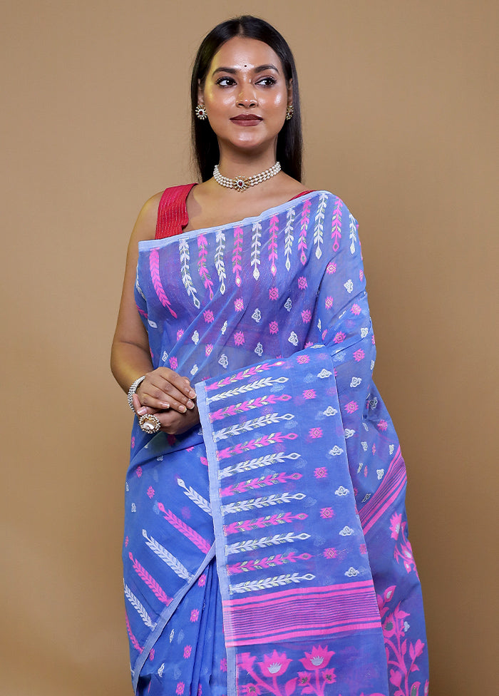 Blue Tant Jamdani Saree Without Blouse Piece