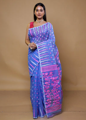 Blue Tant Jamdani Saree Without Blouse Piece