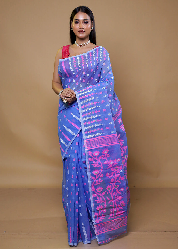 Blue Tant Jamdani Saree Without Blouse Piece