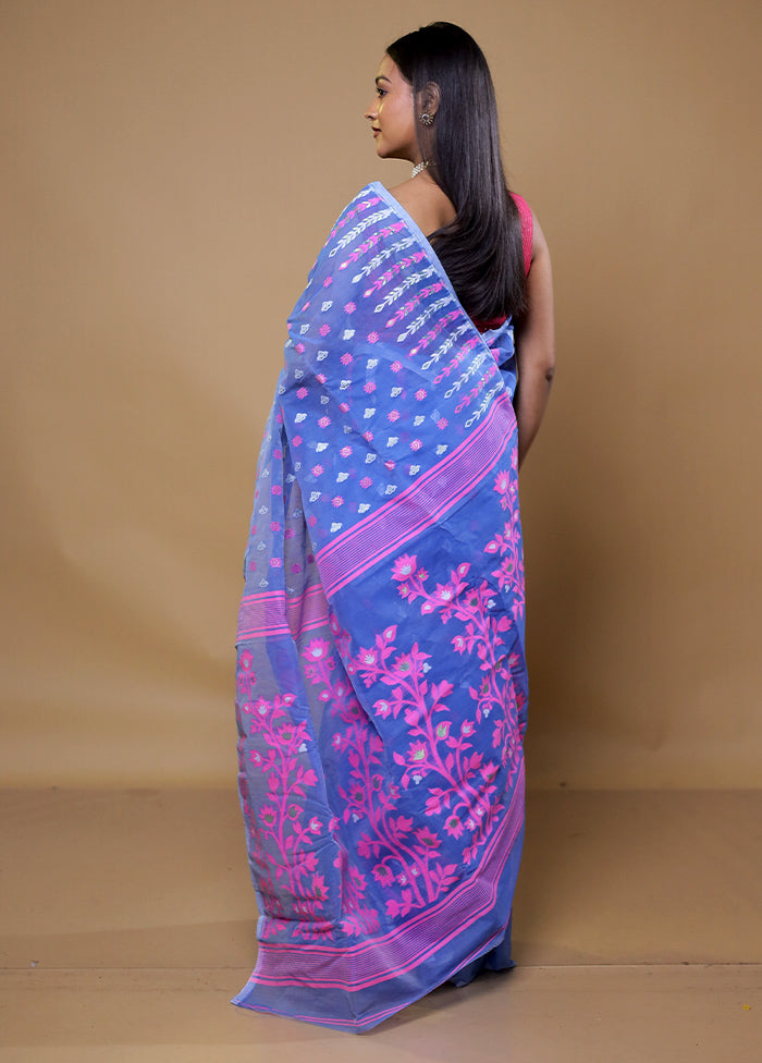 Blue Tant Jamdani Saree Without Blouse Piece