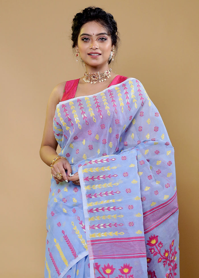 Blue Tant Jamdani Saree Without Blouse Piece