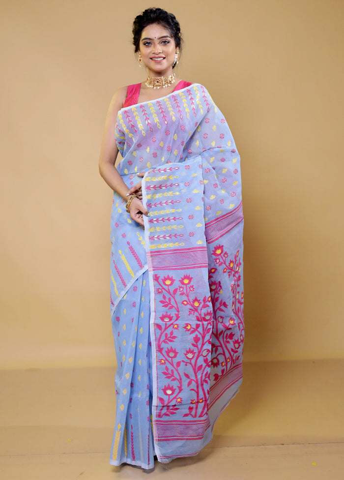 Blue Tant Jamdani Saree Without Blouse Piece