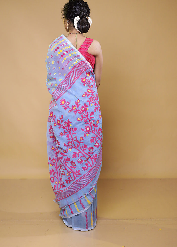 Blue Tant Jamdani Saree Without Blouse Piece