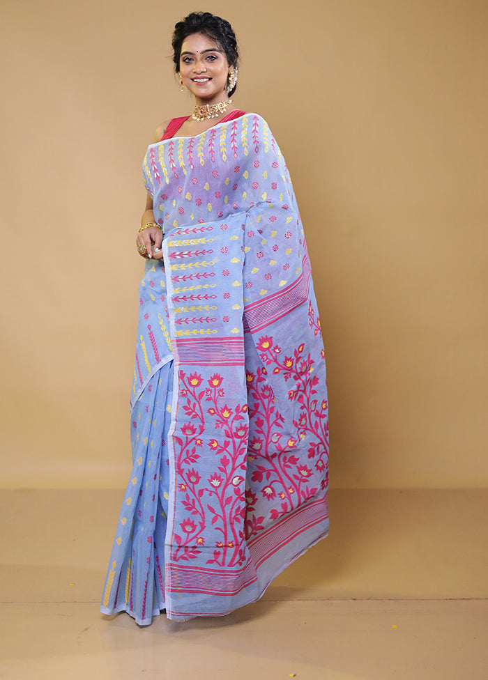 Blue Tant Jamdani Saree Without Blouse Piece