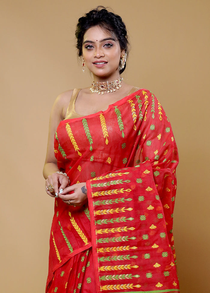 Red Tant Jamdani Saree Without Blouse Piece