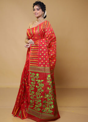 Red Tant Jamdani Saree Without Blouse Piece