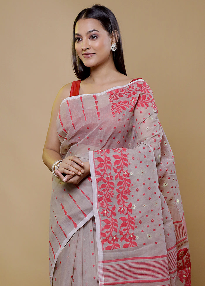 Cream Tant Jamdani Saree Without Blouse Piece