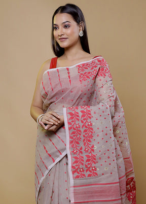 Cream Tant Jamdani Saree Without Blouse Piece