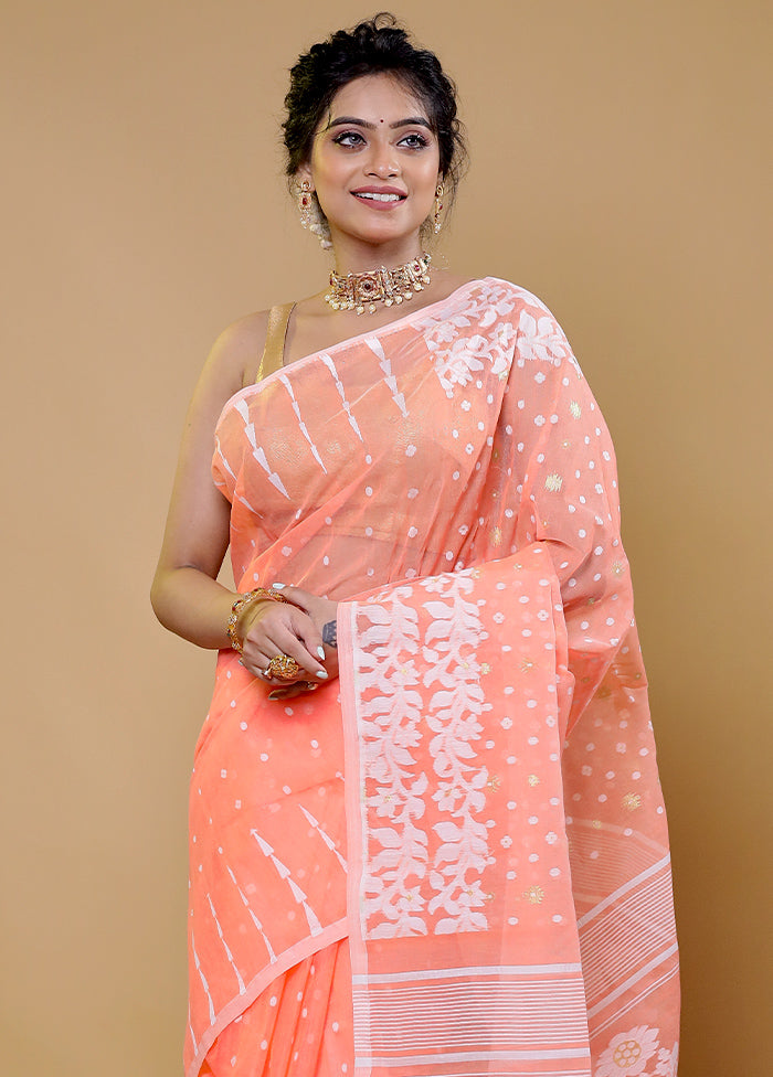 Peach Tant Jamdani Saree Without Blouse Piece