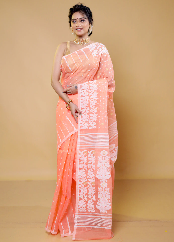 Peach Tant Jamdani Saree Without Blouse Piece