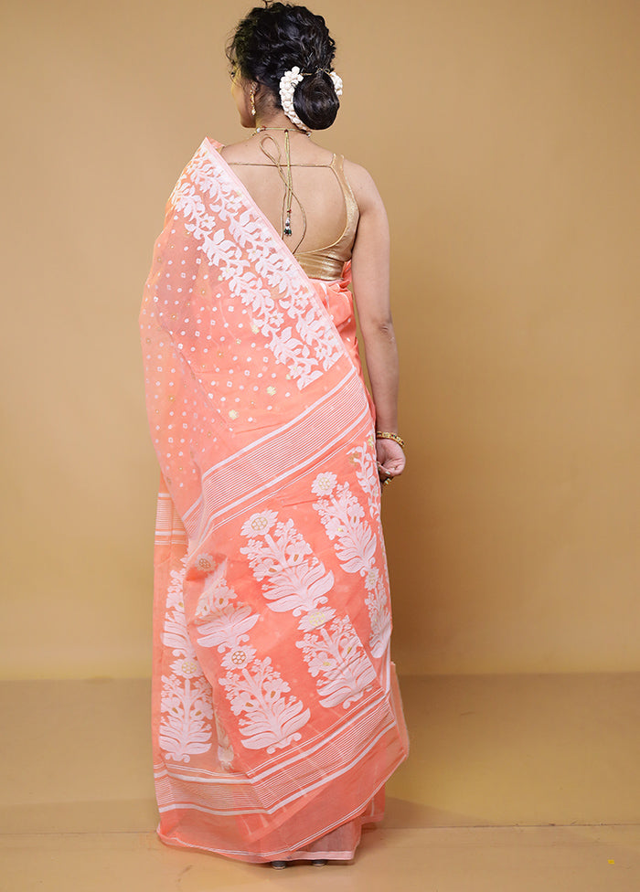 Peach Tant Jamdani Saree Without Blouse Piece