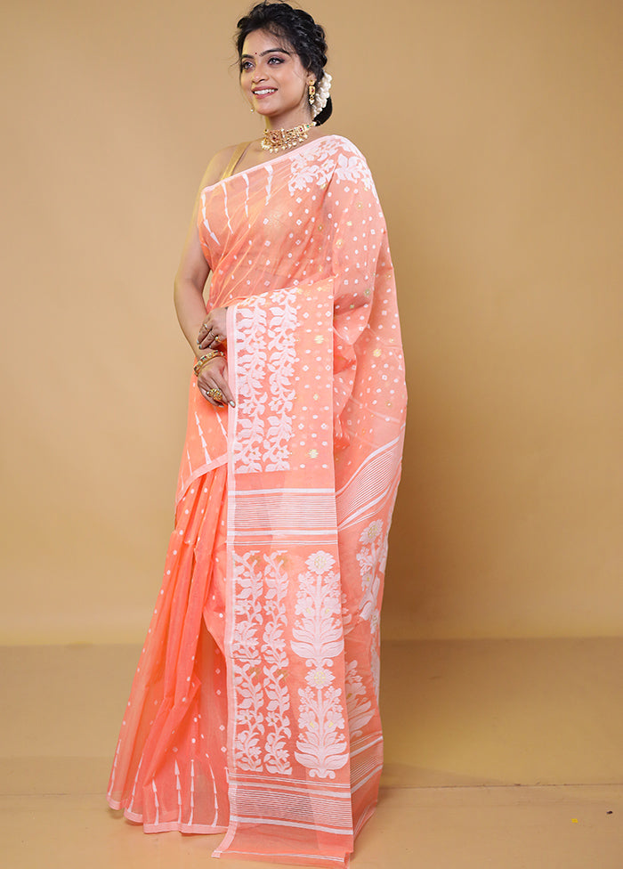 Peach Tant Jamdani Saree Without Blouse Piece