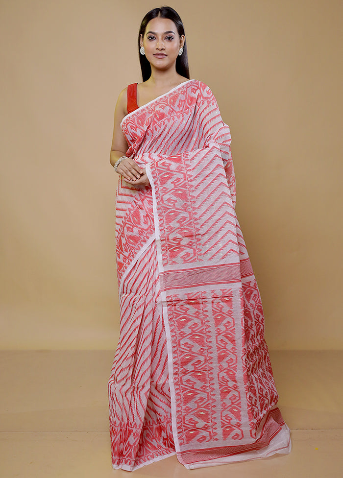 White Tant Jamdani Saree Without Blouse Piece