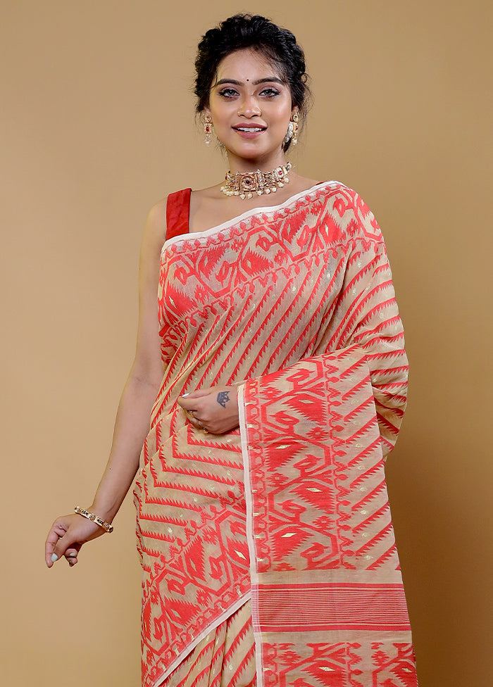 Red Tant Jamdani Saree Without Blouse Piece