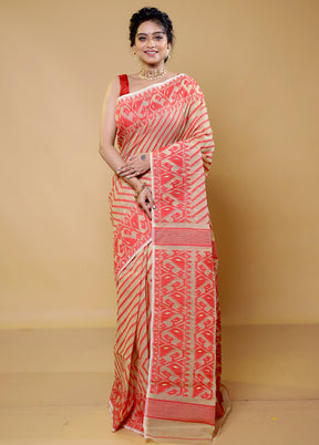 Red Tant Jamdani Saree Without Blouse Piece