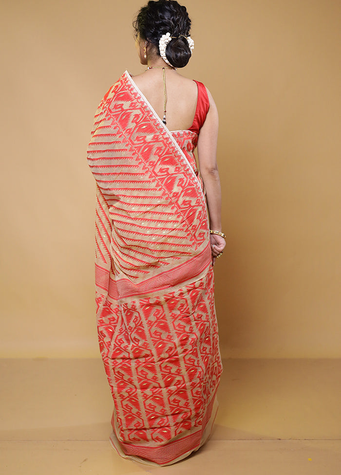 Red Tant Jamdani Saree Without Blouse Piece