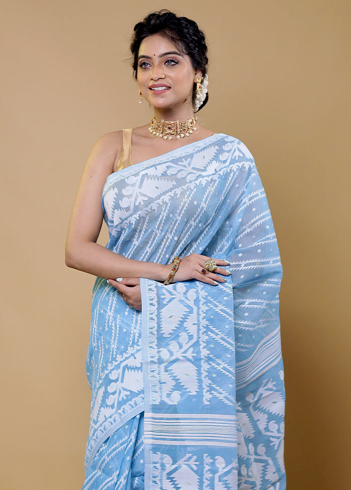 Blue Tant Jamdani Saree Without Blouse Piece