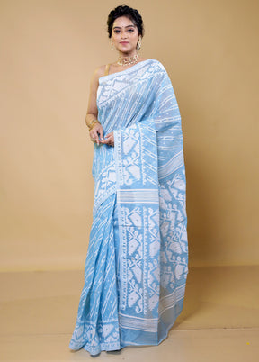 Blue Tant Jamdani Saree Without Blouse Piece