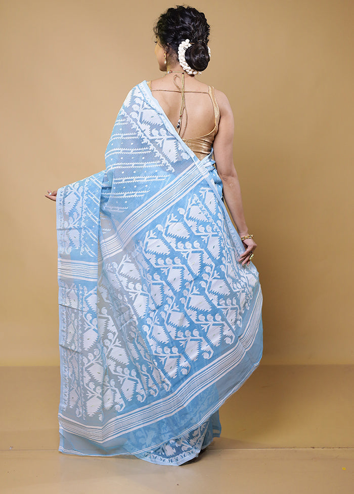 Blue Tant Jamdani Saree Without Blouse Piece