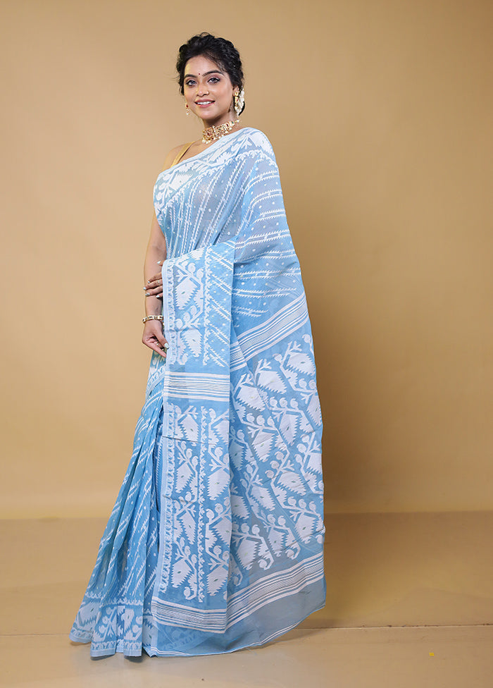 Blue Tant Jamdani Saree Without Blouse Piece