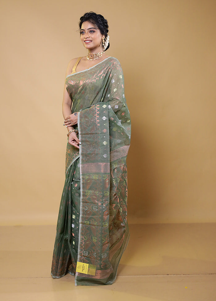 Green Tant Jamdani Saree Without Blouse Piece