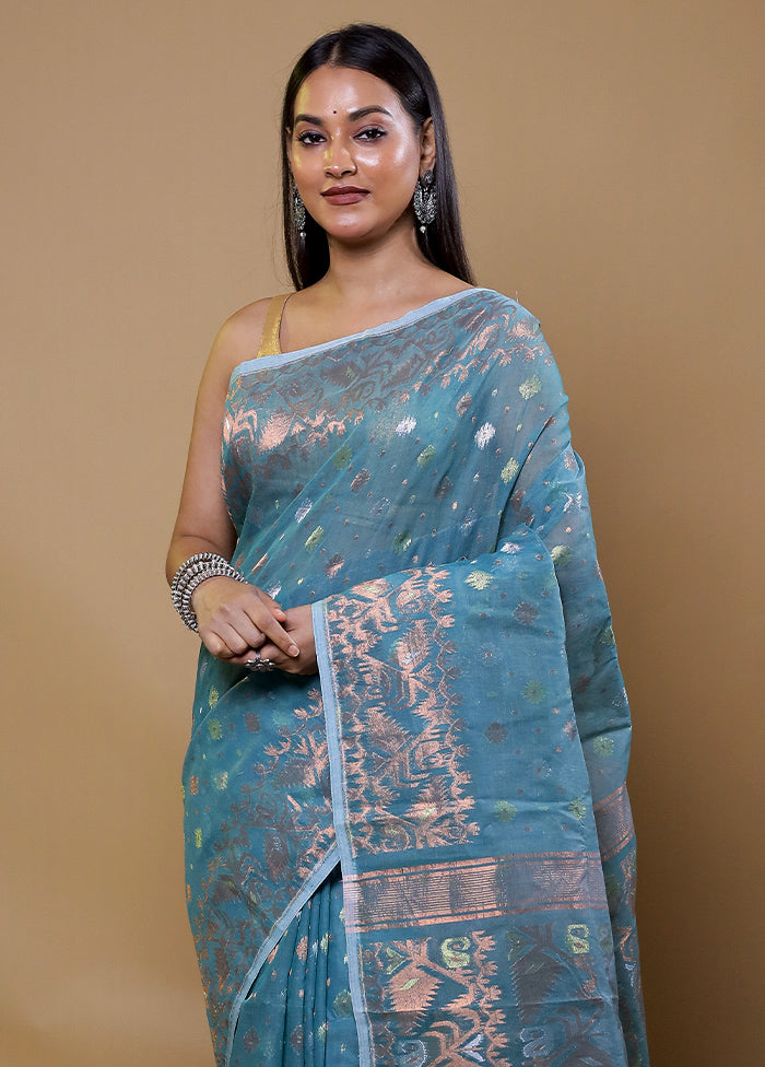 Green Tant Jamdani Saree Without Blouse Piece