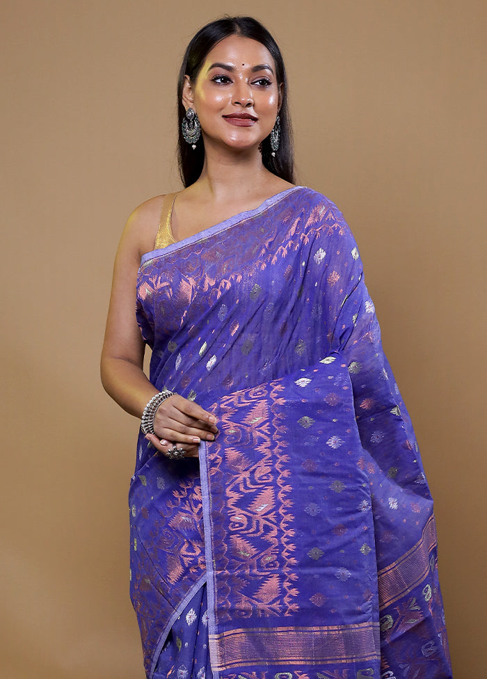 Blue Tant Jamdani Saree Without Blouse Piece