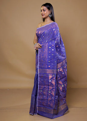 Blue Tant Jamdani Saree Without Blouse Piece