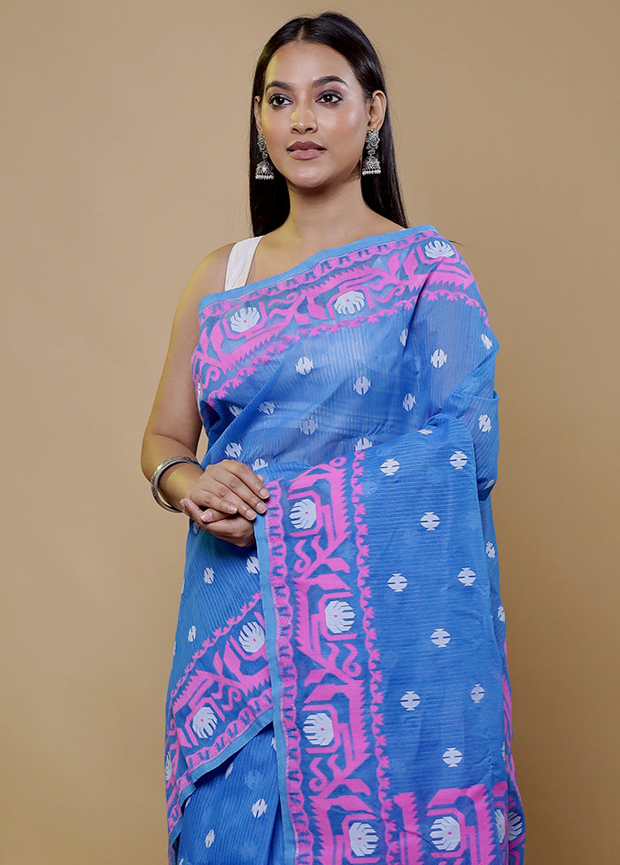 Blue Tant Jamdani Saree Without Blouse Piece