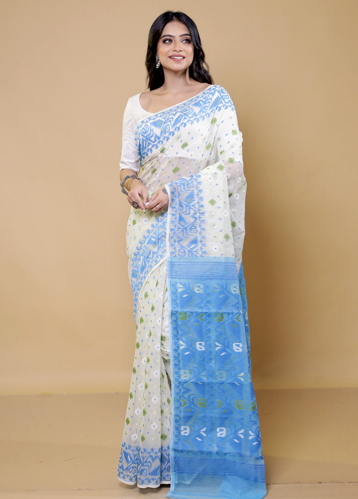 Blue Tant Jamdani Saree Without Blouse Piece