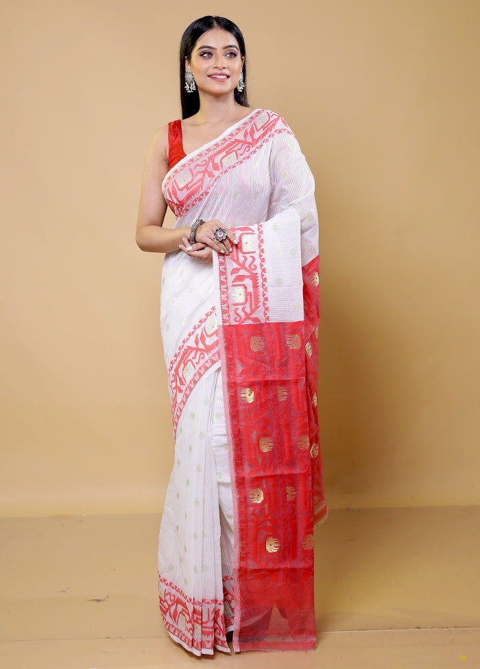 Red Tant Jamdani Saree Without Blouse Piece