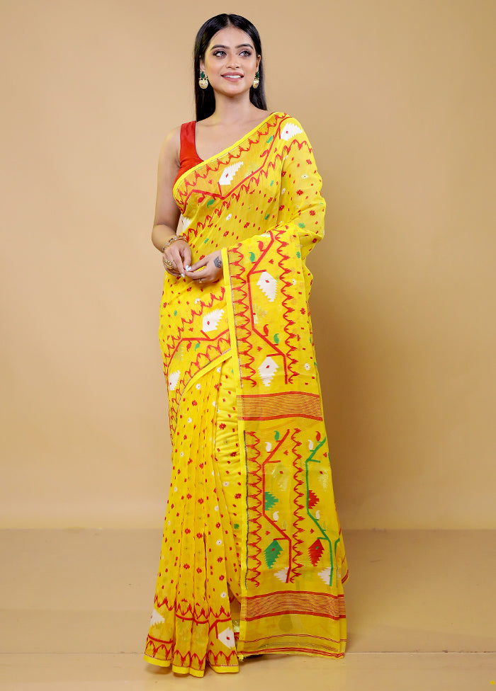 Yellow Tant Jamdani Saree Without Blouse Piece