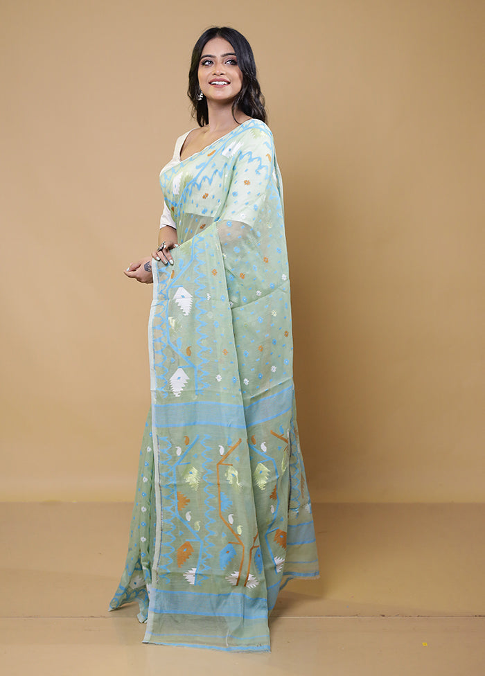 Green Tant Jamdani Saree Without Blouse Piece