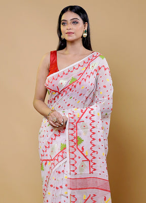 White Tant Jamdani Saree Without Blouse Piece