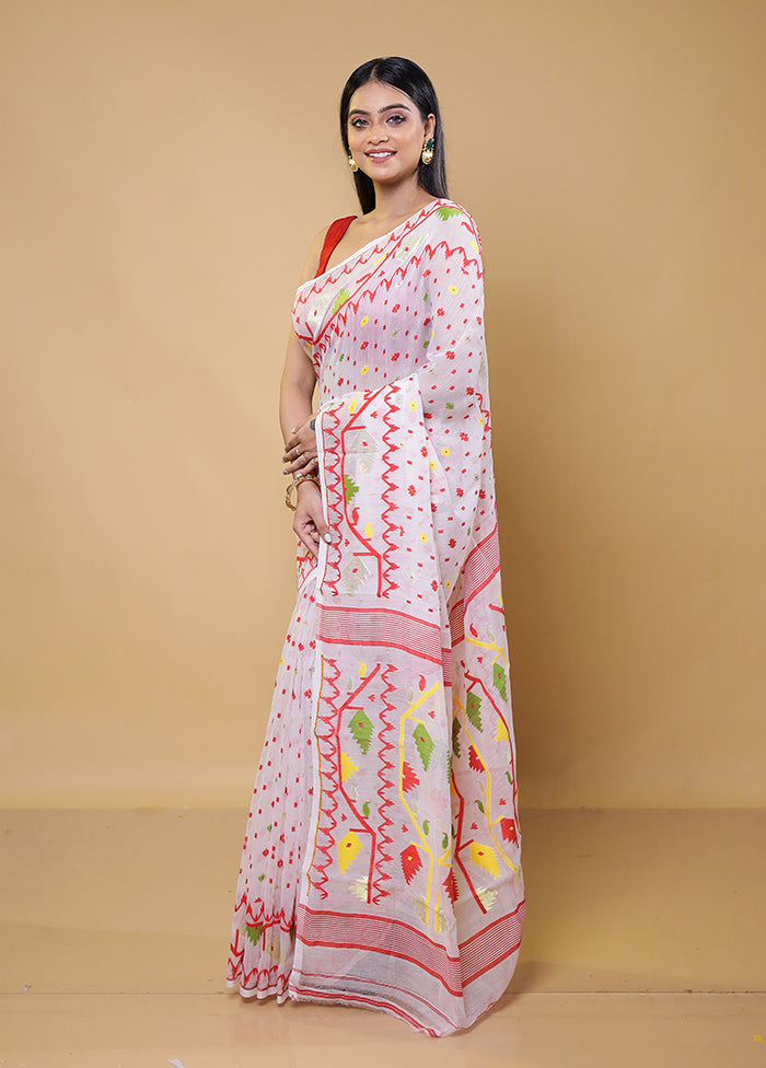 White Tant Jamdani Saree Without Blouse Piece